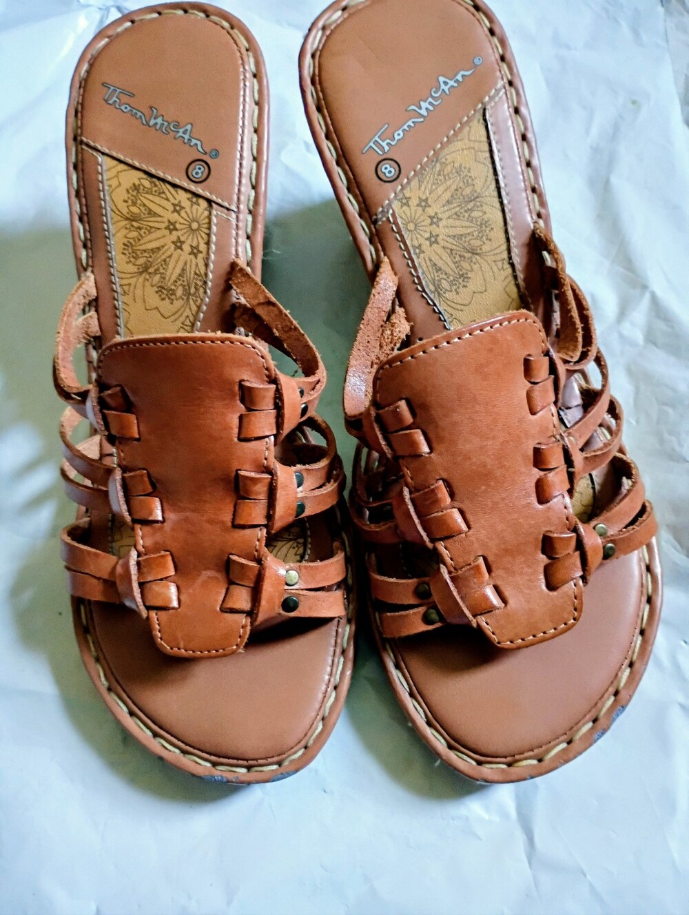 Thom McAn Tan Brown Woven Leather Slide Sandals